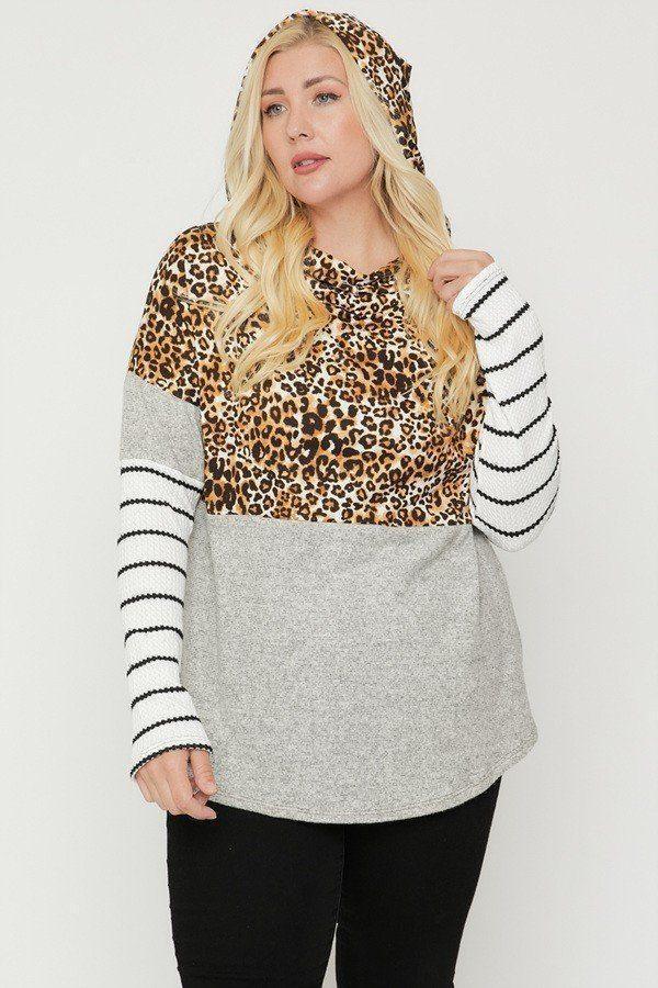 Plus Size Color Block Hoodie Featuring A Cheetah Print | Mixtshop LLC Main image
