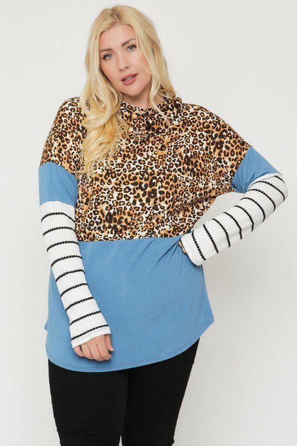 Plus Size Color Block Hoodie Featuring A Cheetah Print | Mixtshop LLC Main image