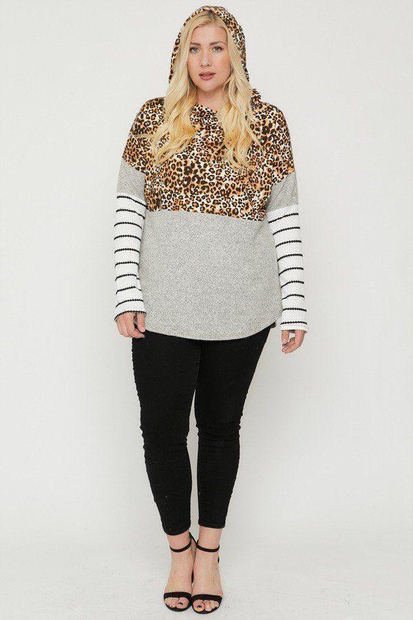 Plus Size Color Block Hoodie Featuring A Cheetah Print Secondary image