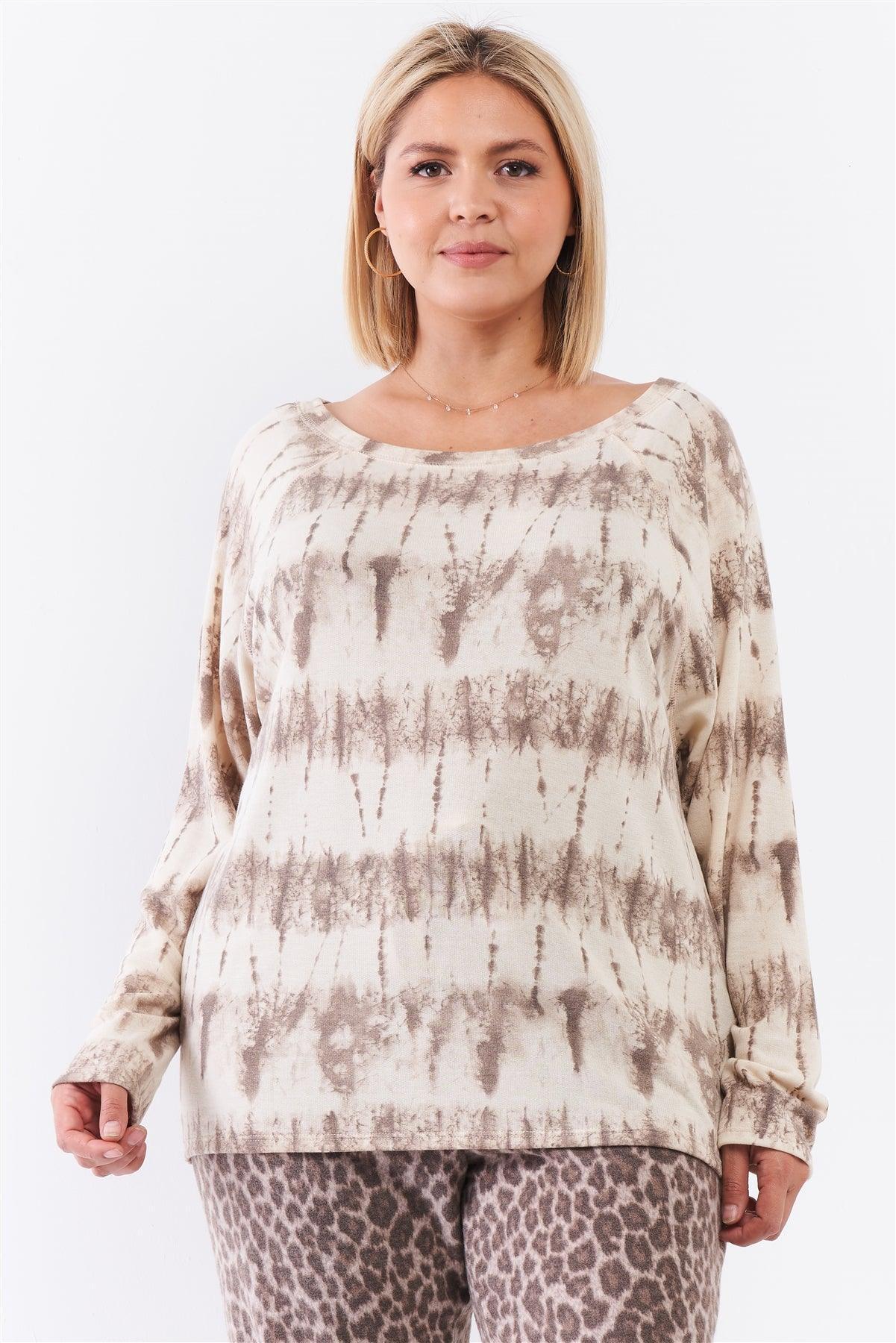 Plus Ivory Acid Wash Print Bateau Neck Relaxed Fit Long Sleeve Top | Mixtshop LLC Main image