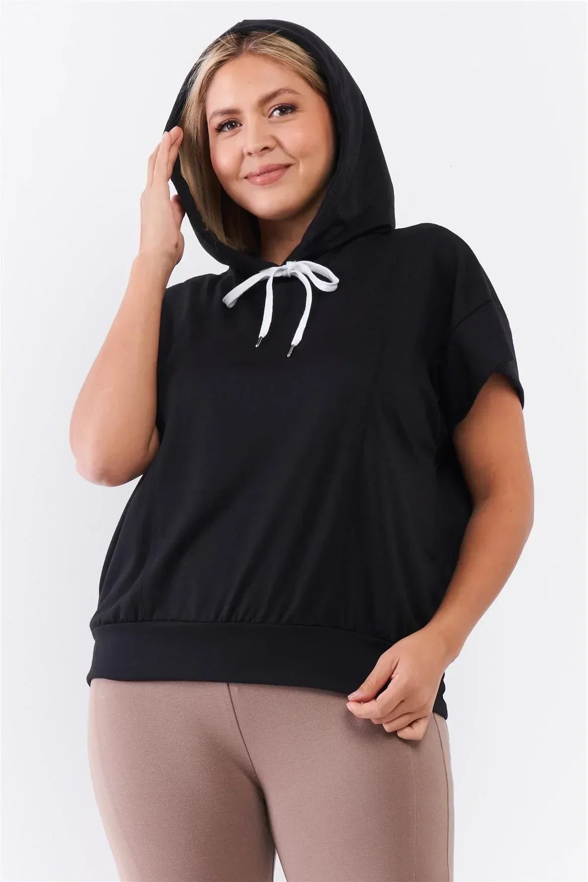 Black Short Wing Sleeve Relaxed Fit White Draw String Tie Hood Detail Top | Mixtshop LLC Main image