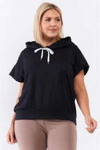 Black Short Wing Sleeve Relaxed Fit White Draw String Tie Hood Detail Top | Mixtshop LLC