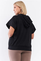 Black Short Wing Sleeve Relaxed Fit White Draw String Tie Hood Detail Top | Mixtshop LLC