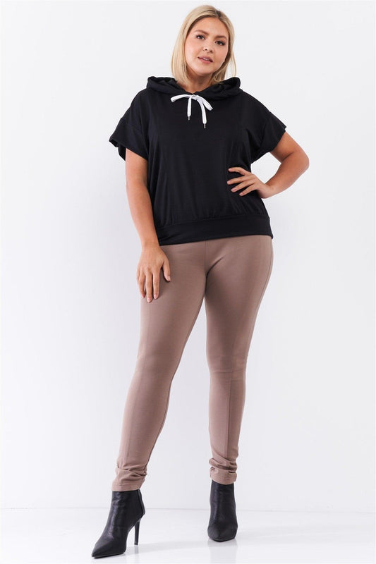 Black Short Wing Sleeve Relaxed Fit White Draw String Tie Hood Detail Top | Mixtshop LLC