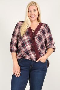 Plaid 3/4 Sleeve Top With Hi-lo Hem, V-neckline, And Relaxed Fit | Mixtshop LLC Main image