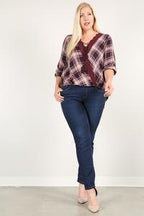 Plaid 3/4 Sleeve Top With Hi-lo Hem, V-neckline, And Relaxed Fit | Mixtshop LLC