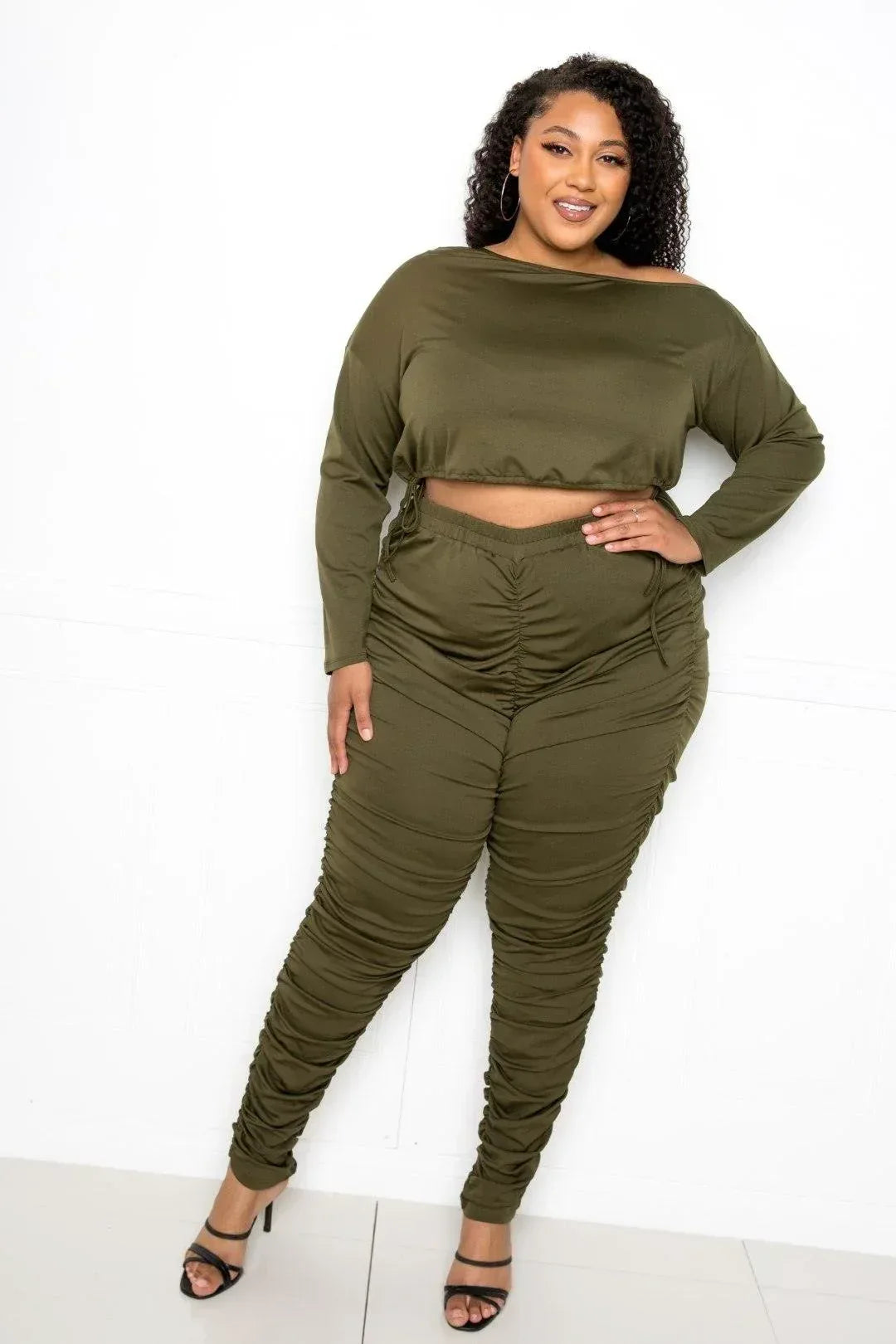 Off Shoulder Cropped Top And Ruched Leggings Sets | Mixtshop LLC Main image