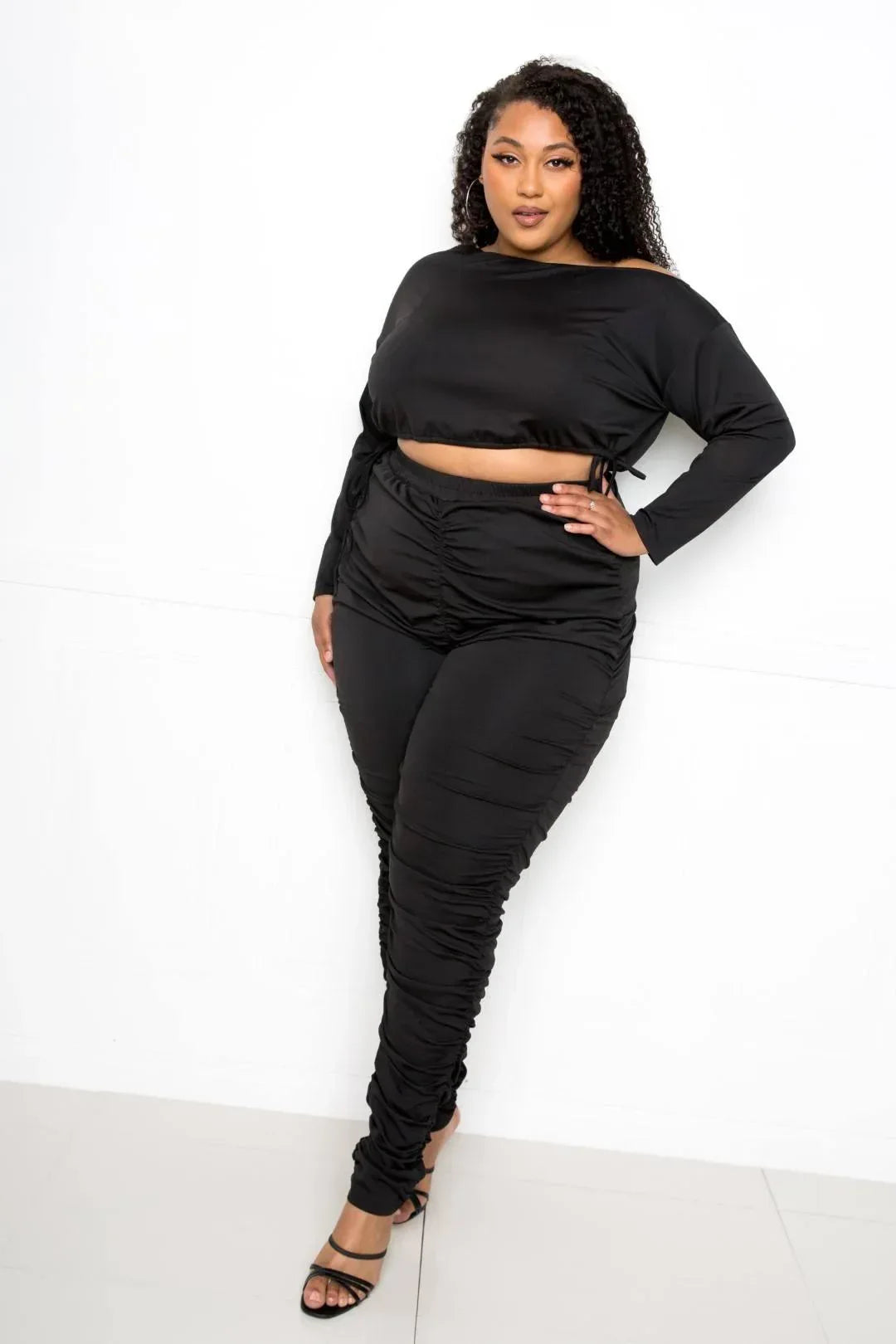 Off Shoulder Cropped Top And Ruched Leggings Sets | Mixtshop LLC Main image