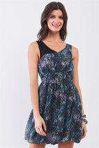 Navy Blue Sleeveless Mesh V-neck Self-tie Waist Stitched Together Bottom Mini Dress | Mixtshop LLC