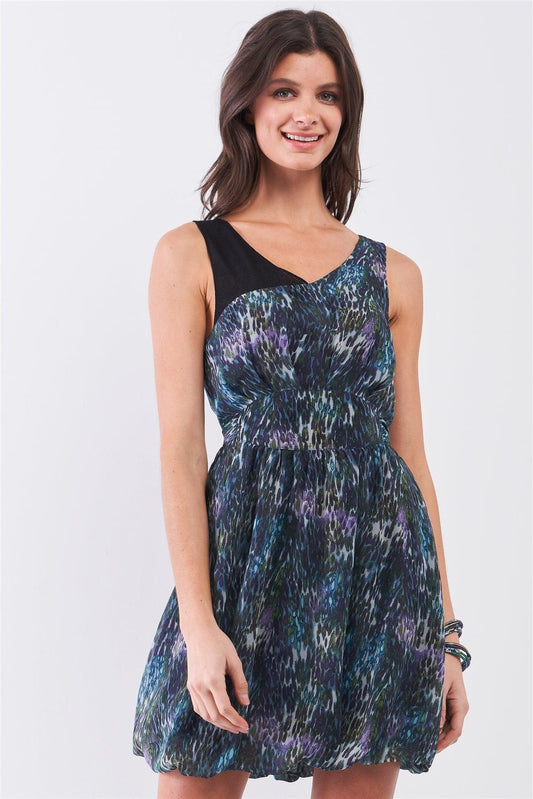 Navy Blue Sleeveless Mesh V-neck Self-tie Waist Stitched Together Bottom Mini Dress | Mixtshop LLC