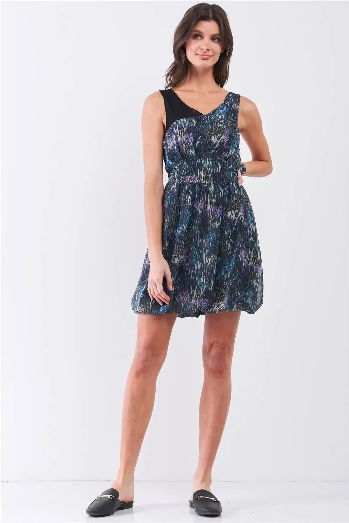Navy Blue Sleeveless Mesh V-neck Self-tie Waist Stitched Together Bottom Mini Dress Secondary image