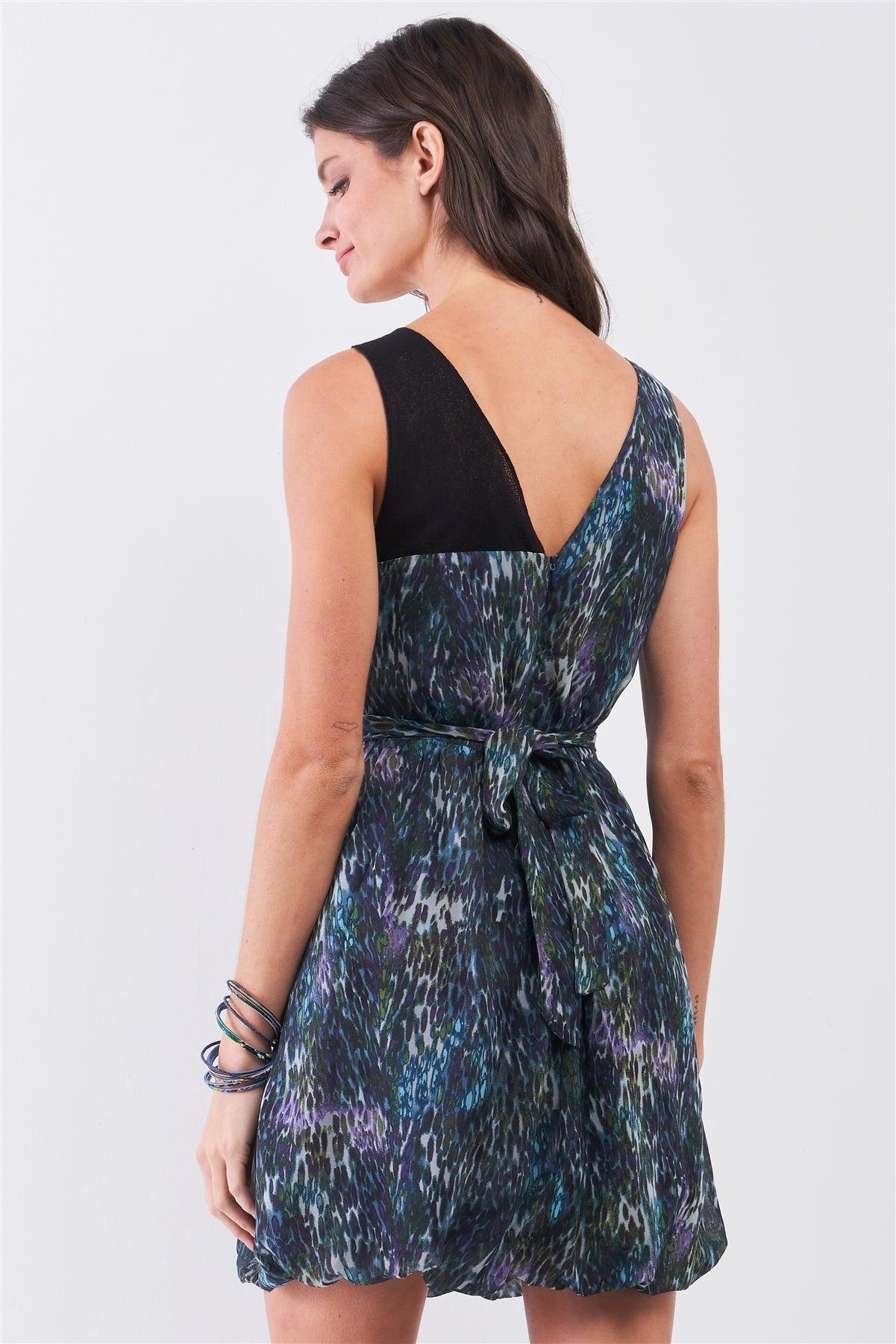 Navy Blue Sleeveless Mesh V-neck Self-tie Waist Stitched Together Bottom Mini Dress | Mixtshop LLC