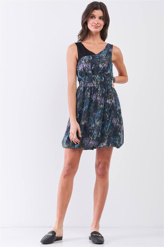 Navy Blue Sleeveless Mesh V-neck Self-tie Waist Stitched Together Bottom Mini Dress | Mixtshop LLC