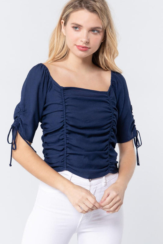 Elbow Slv Smocked Ruched Woven Top | Mixtshop LLC