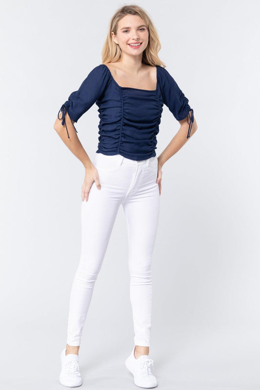 Elbow Slv Smocked Ruched Woven Top | Mixtshop LLC