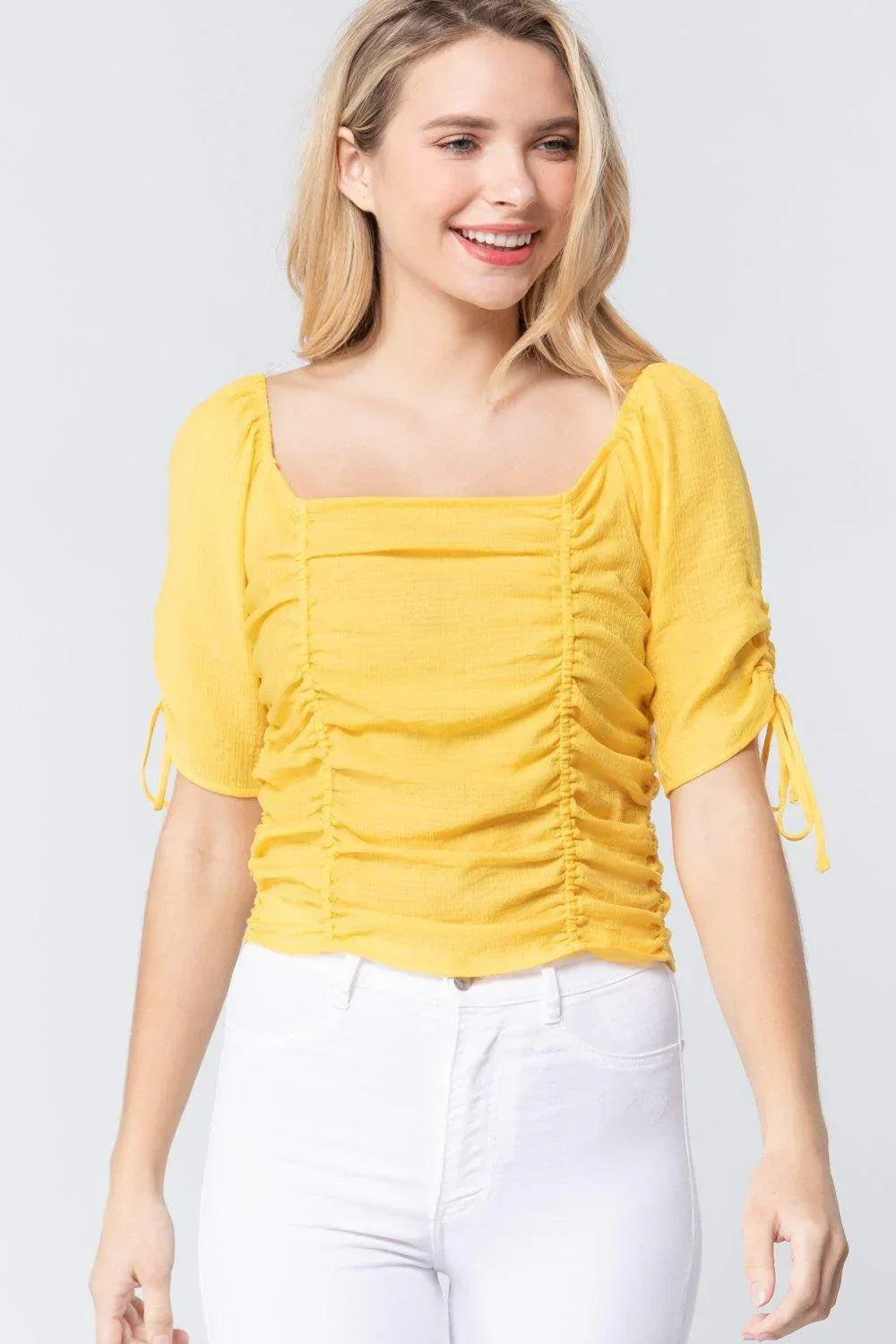 Elbow Slv Smocked Ruched Woven Top | Mixtshop LLC Main image