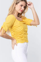 Elbow Slv Smocked Ruched Woven Top | Mixtshop LLC