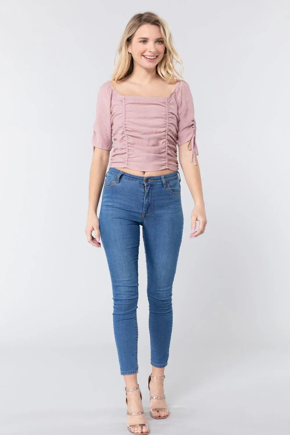 Elbow Slv Smocked Ruched Woven Top | Mixtshop LLC