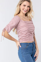 Elbow Slv Smocked Ruched Woven Top | Mixtshop LLC