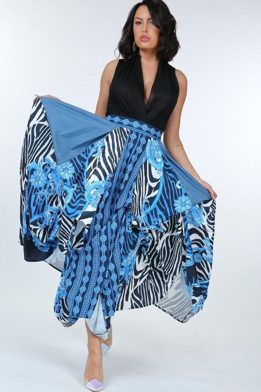 Animal Chain Print Denim Tacked Maxi Skirt In Black Gold | Mixtshop LLC