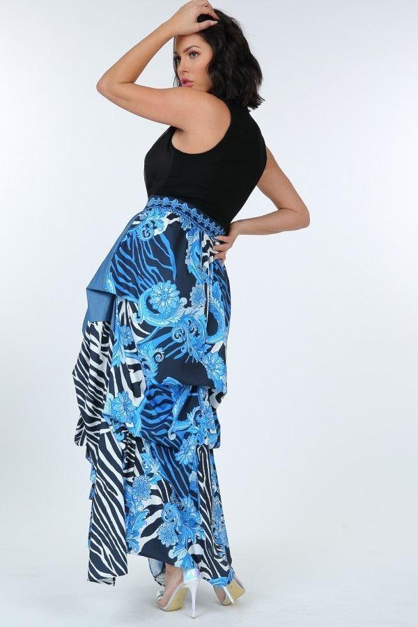 Animal Chain Print Denim Tacked Maxi Skirt In Black Gold | Mixtshop LLC