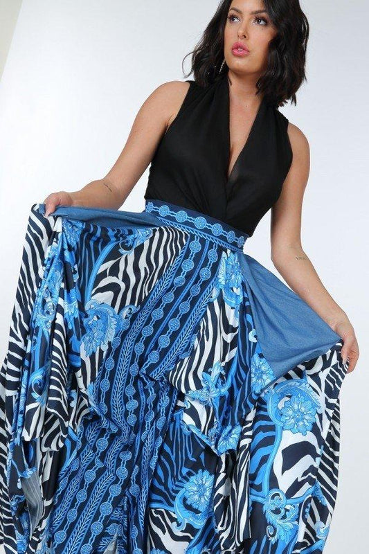 Animal Chain Print Denim Tacked Maxi Skirt In Black Gold | Mixtshop LLC