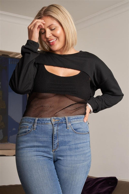 Plus Black Raw Hem Long Sleeve Crop Overtop & Beach Net Sheer Bodysuit Two-piece Set | Mixtshop LLC