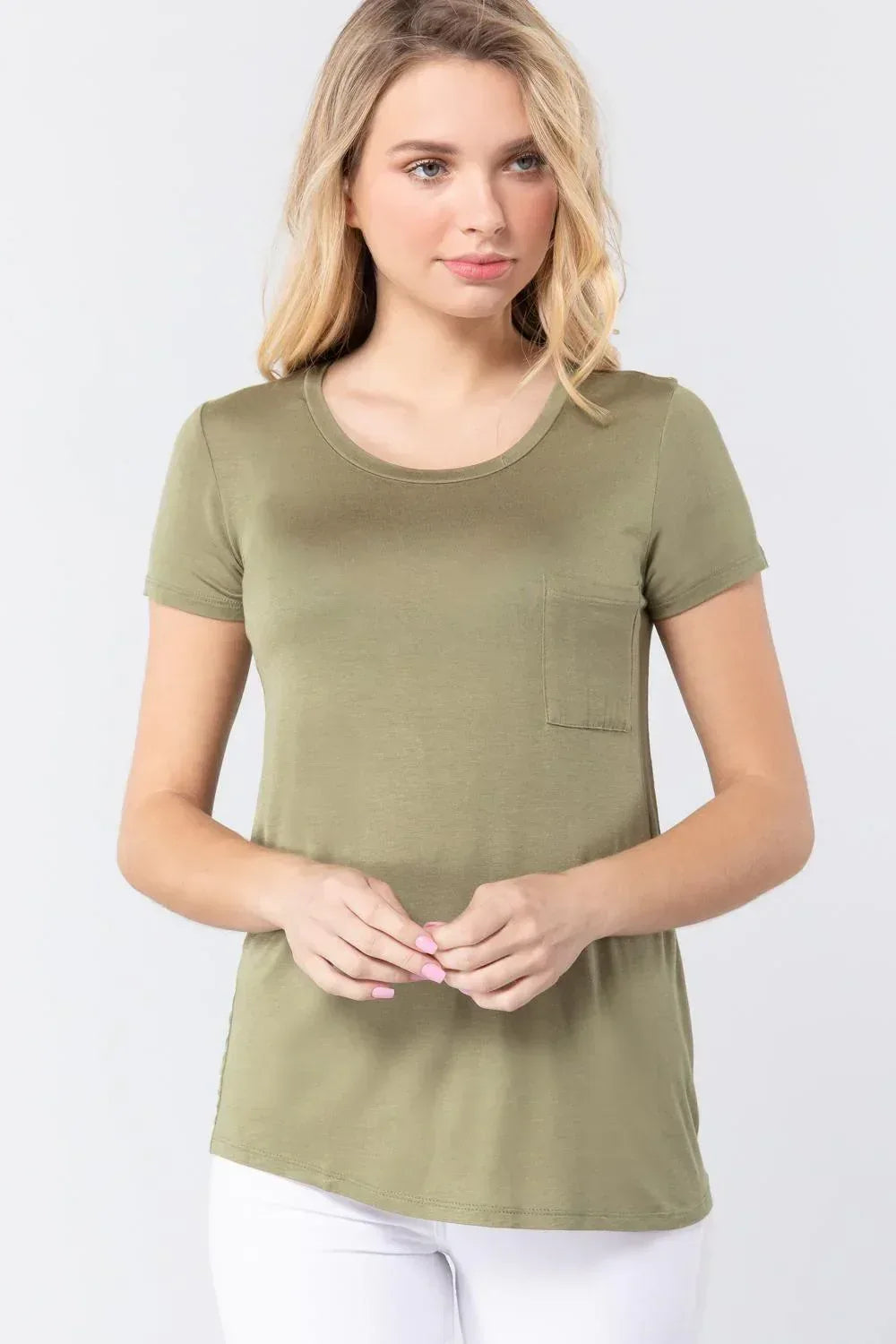 Short Sleeve Scoop Neck Top With Pocket | Mixtshop LLC Main image