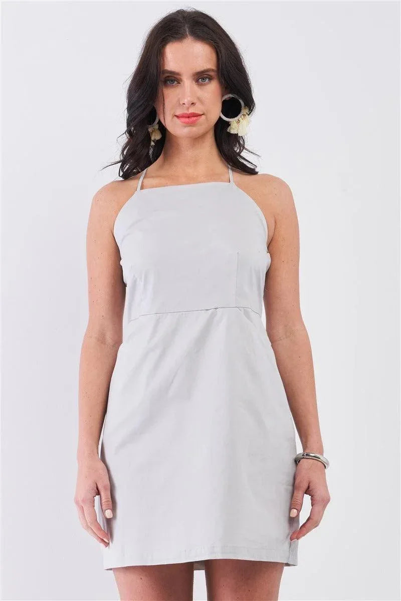 Light Grey Cotton Sleeveless Back Criss Cross Straps Square Neck Side Pockets Apron Mini Dress | Mixtshop LLC