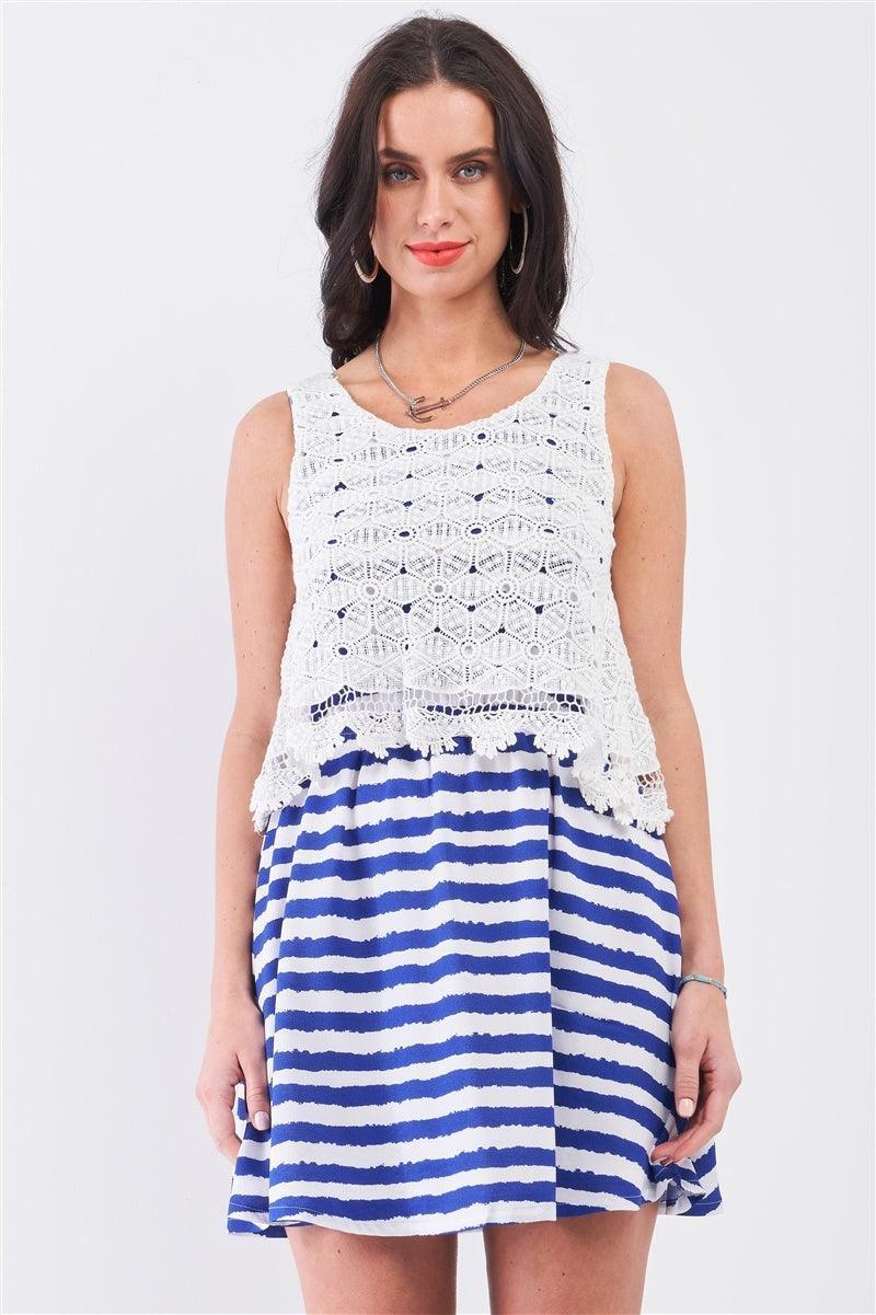 White & Navy Horizontal Striped Round Neck Sleeveless Floral Embroidery Layered Top Mini Dress | Mixtshop LLC Main image