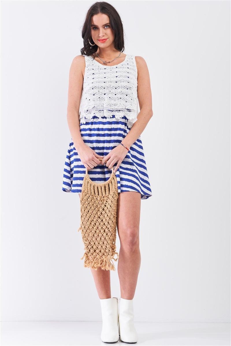 White & Navy Horizontal Striped Round Neck Sleeveless Floral Embroidery Layered Top Mini Dress | Mixtshop LLC