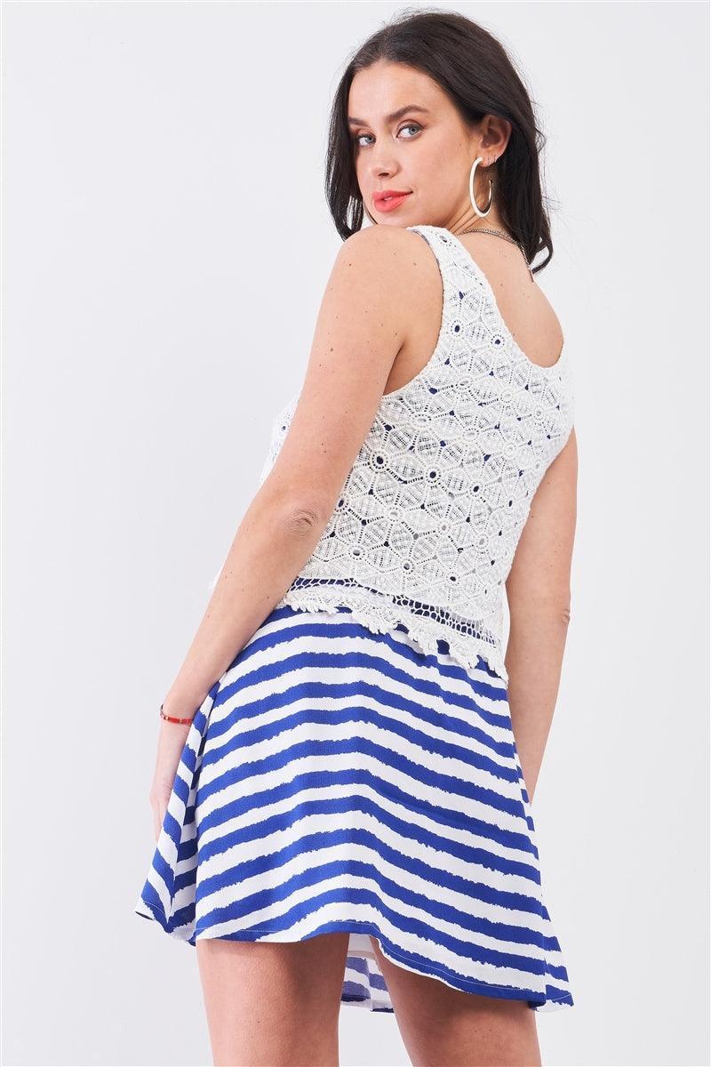 White & Navy Horizontal Striped Round Neck Sleeveless Floral Embroidery Layered Top Mini Dress | Mixtshop LLC