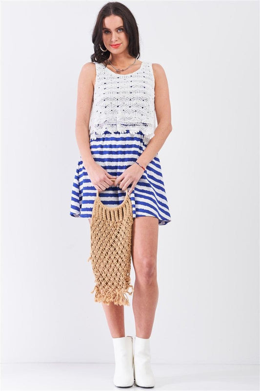 White & Navy Horizontal Striped Round Neck Sleeveless Floral Embroidery Layered Top Mini Dress | Mixtshop LLC