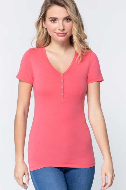 Short Slv V-neck Henley Knit Top | Mixtshop LLC