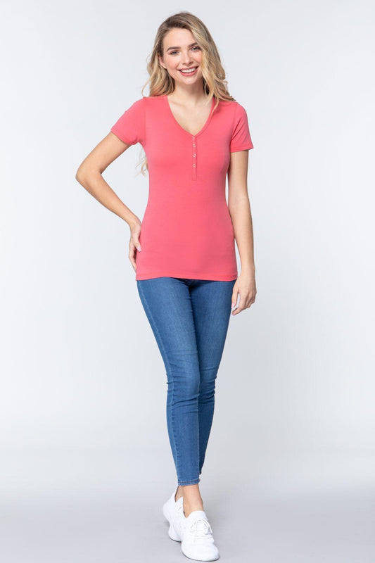 Short Slv V-neck Henley Knit Top | Mixtshop LLC
