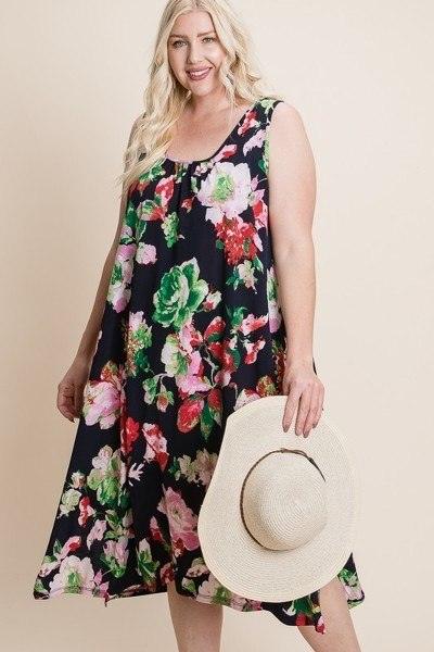 Plus Size Floral Bulgari Printed Tank Midi Dress With Asymmetrical Hem | Mixtshop LLC