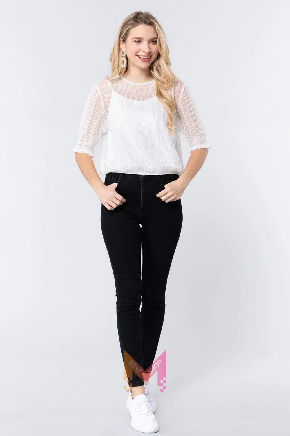 Elbow Slv Dot Mesh Top W/inner Cami Secondary image