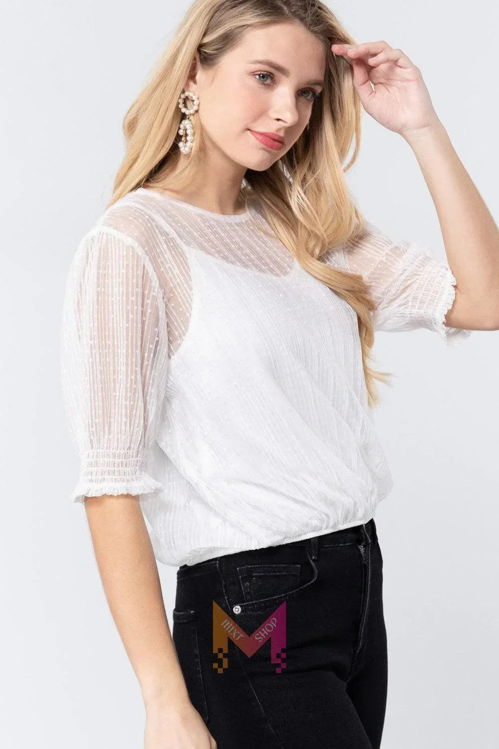 Elbow Slv Dot Mesh Top W/inner Cami | Mixtshop LLC