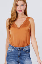 Lace Detail V-neck Woven Bodysuit | Mixtshop LLC