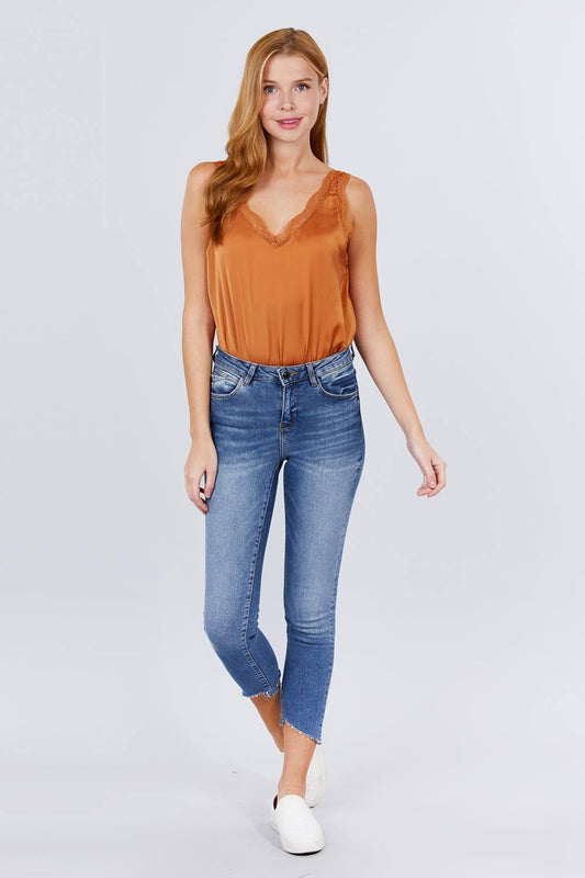 Lace Detail V-neck Woven Bodysuit | Mixtshop LLC