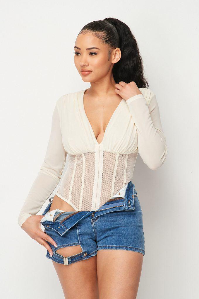 Fishnet Sheer Mesh Back Deep V Neck Bodysuit | Mixtshop LLC Main image