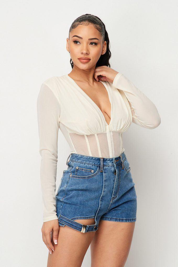 Fishnet Sheer Mesh Back Deep V Neck Bodysuit | Mixtshop LLC