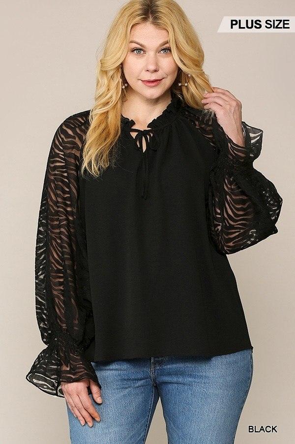 Zebra Burnout Sleeve Ruffled Neck Bubble Crepe Blouse | Mixtshop LLC Main image
