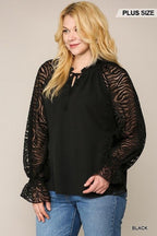 Zebra Burnout Sleeve Ruffled Neck Bubble Crepe Blouse | Mixtshop LLC