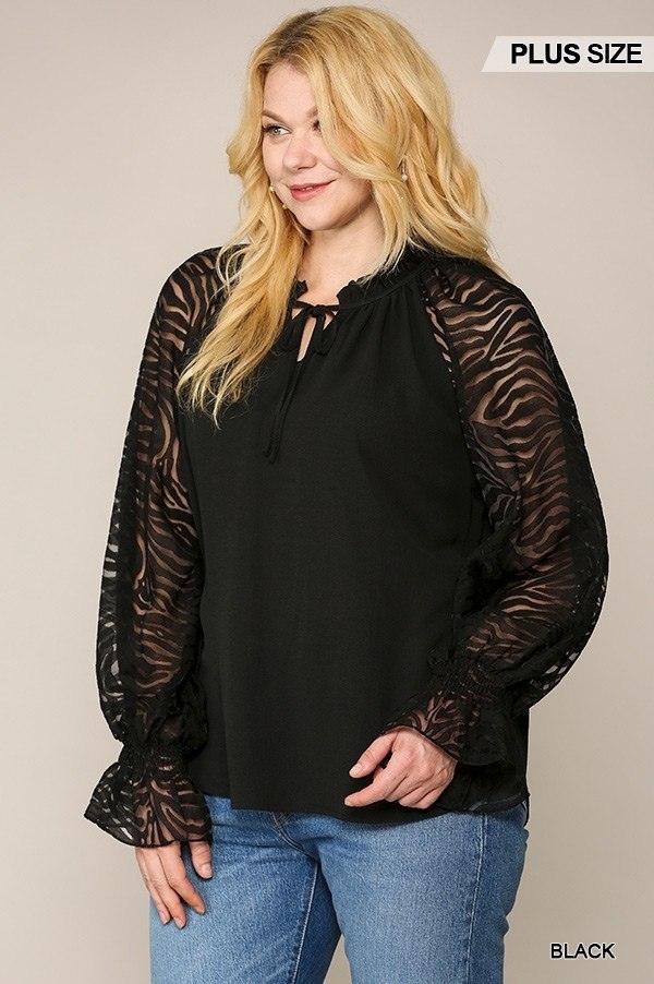 Zebra Burnout Sleeve Ruffled Neck Bubble Crepe Blouse | Mixtshop LLC