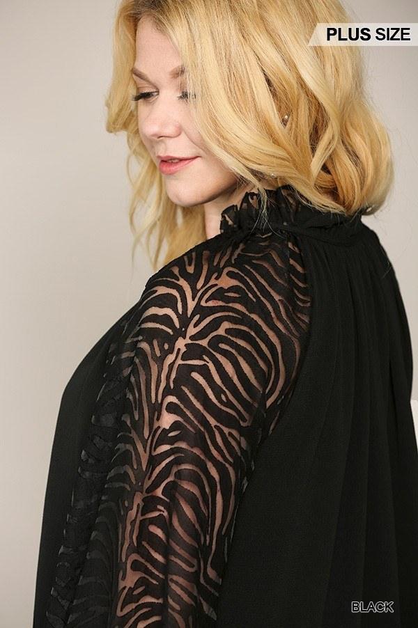 Zebra Burnout Sleeve Ruffled Neck Bubble Crepe Blouse | Mixtshop LLC