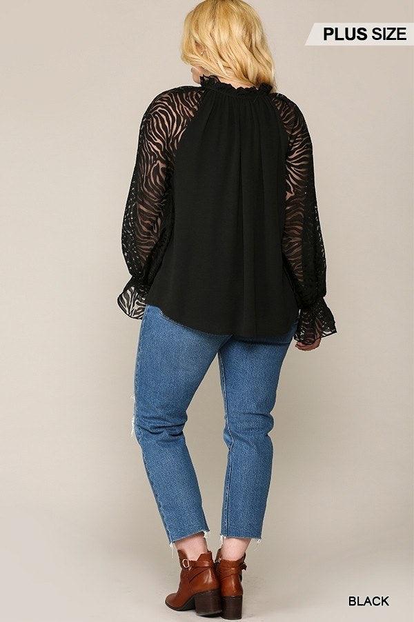 Zebra Burnout Sleeve Ruffled Neck Bubble Crepe Blouse | Mixtshop LLC