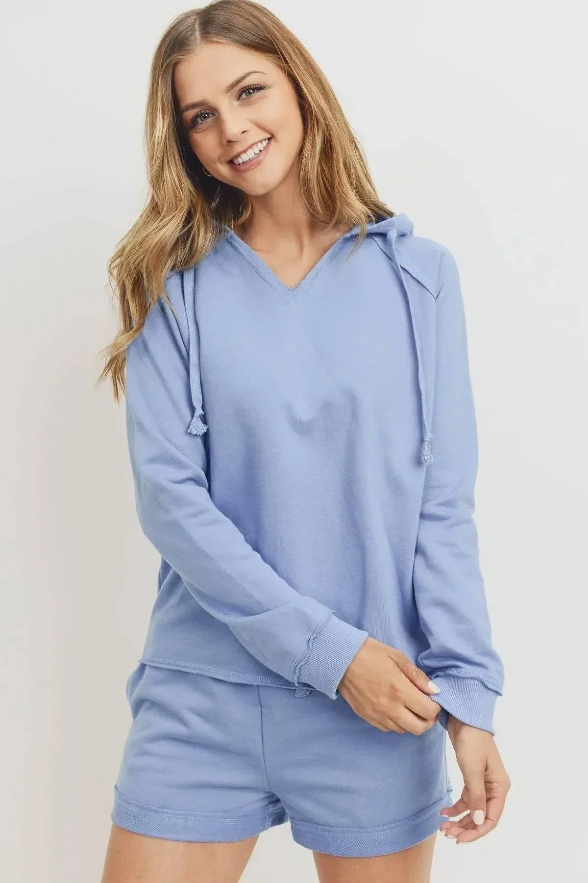 French Terry Hood With V-neck Long Sleeve Top | Mixtshop LLC Main image
