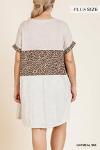 Linen Blend Short Folded Sleeve Animal Print Colorblocked V-neck Dress With Pockets | Mixtshop LLC