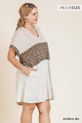 Linen Blend Short Folded Sleeve Animal Print Colorblocked V-neck Dress With Pockets | Mixtshop LLC